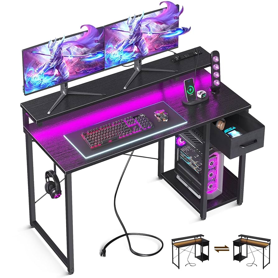 Amazon.com: AODK Gaming Desk with LED Lights & Power Outlet